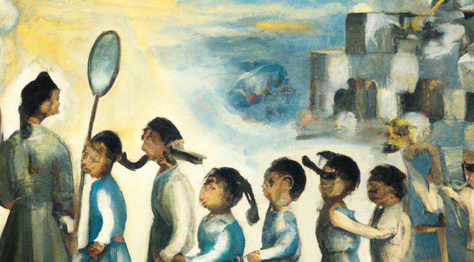 A surrealist dream-like oil painting by Salvador Dalí of children's social workers created using DALL-E